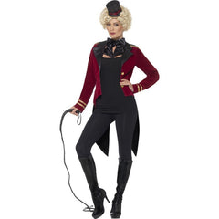 Ladies Ringmaster Costume, red tails  jacket with epaulets and gold trim, black lapel