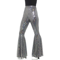 Ladies silver holographic 70s flared trousers for disco costumes