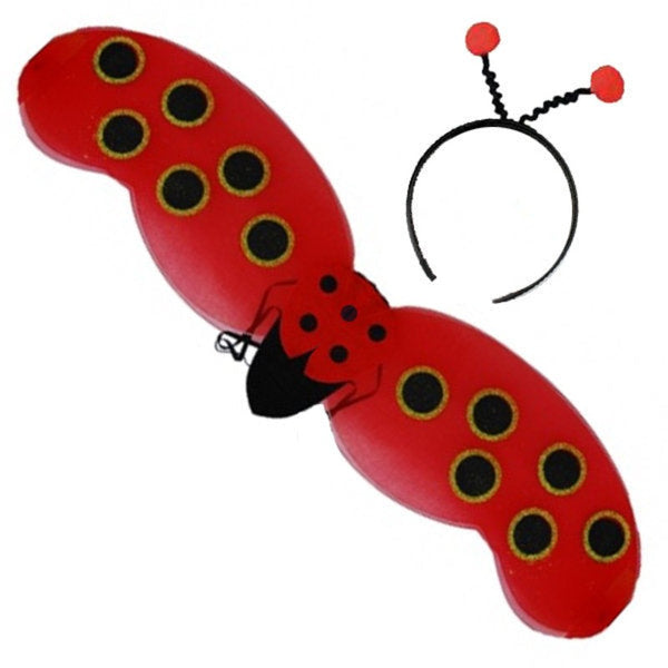 Lady Bug Wings and Headband set for kids – red and black wings with gold glitter and antenna headband.