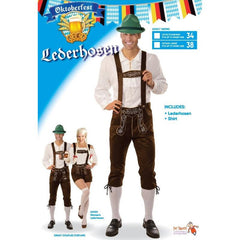 Lederhosen Male Costume with long brown pants and attached braces by Dr Toms – ideal for Oktoberfest and German dress-up events