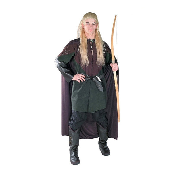 Adult Legolas costume with tunic, black cloak, belt, and boot covers from The Lord of the Rings