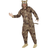 Leopard costume for adults, all over print jumpsuit, zips up at the front, attached hood with face and tail.