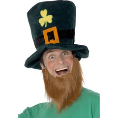 Leprechaun hat, dark green with shamrock, fabric band and felt buckle with attached ginger beard.