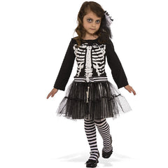 Skeleton girl child costume with black skeleton print dress and layered tutu skirt
