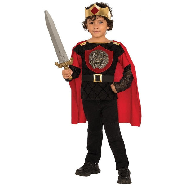 little knight costume for a child, lion on chest on tunic with cape and crown.