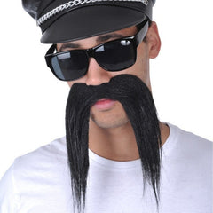 Long black biker-style costume moustache with adhesive