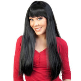 Long black straight costume wig with fringe, synthetic fibre