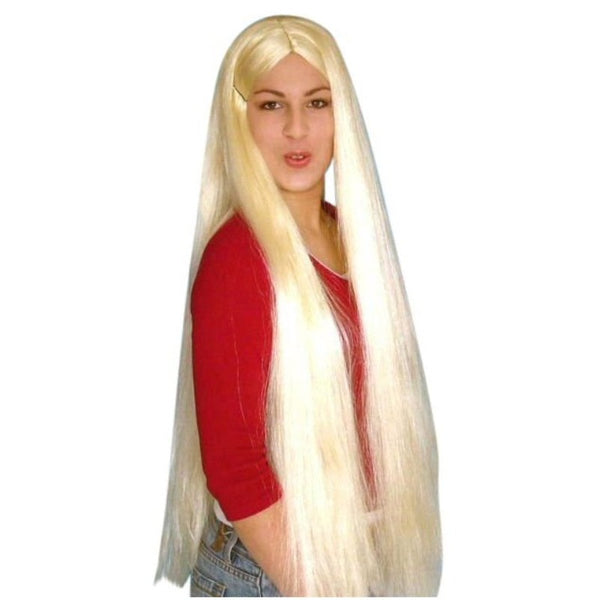Long blonde wig with centre part, 92cm deluxe synthetic fibre fairytale and princess costume wig.