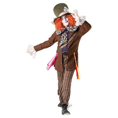 Adult Mad Hatter costume with mock jacket, striped pants, bowtie, and top hat with attached wig