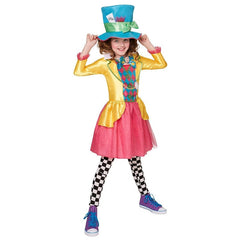Girls Mad Hatter costume with satin dress, glitter tulle skirt, and character hat
