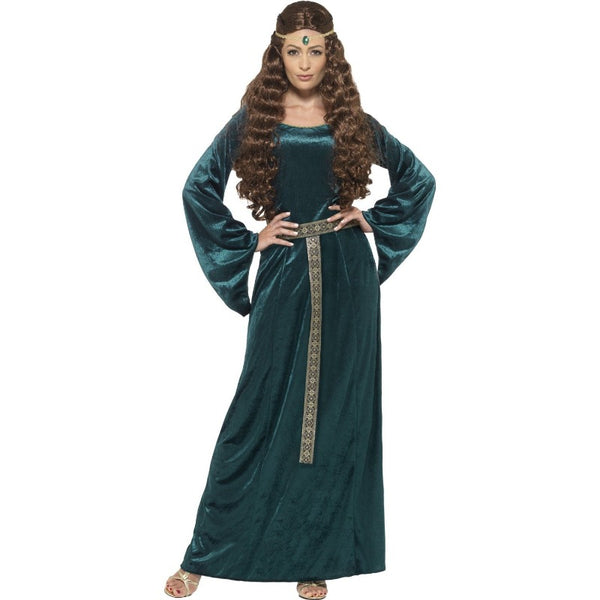 Womens Medieval Green Maid Costume featuring a long green dress, gold sash and jewelled headband for medieval festivals, Book Week and historical dress-up.