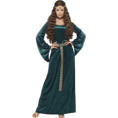 Green medieval maid costume with velvet gown and gold braid headband