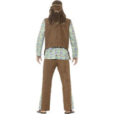 Mens 60s Hippie Costume, green print top, brown fringed vest with hippy badges, brown flares with colourful insert.