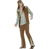 Mens 60s Hippie costume, print long sleeve shirt, brown vest with hippy badges, brown flares in matching insert.