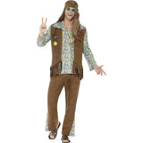 Men’s 60s hippie costume with multi-coloured top, fringed waistcoat, flare trousers, and headband for retro parties