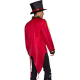 Back view of red ringmaster jacket with tails, shown with top hat
