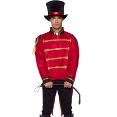A man wearing a red military jacket with tails and gold braid detail, posing with a black top hat and black pants.