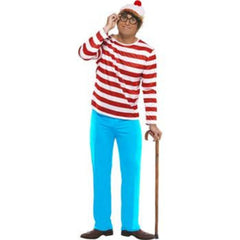 Front view of Men’s Where’s Wally costume with red/white top and blue trousers