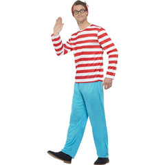 Front view of Men’s Where’s Wally costume with red/white top and blue trousers