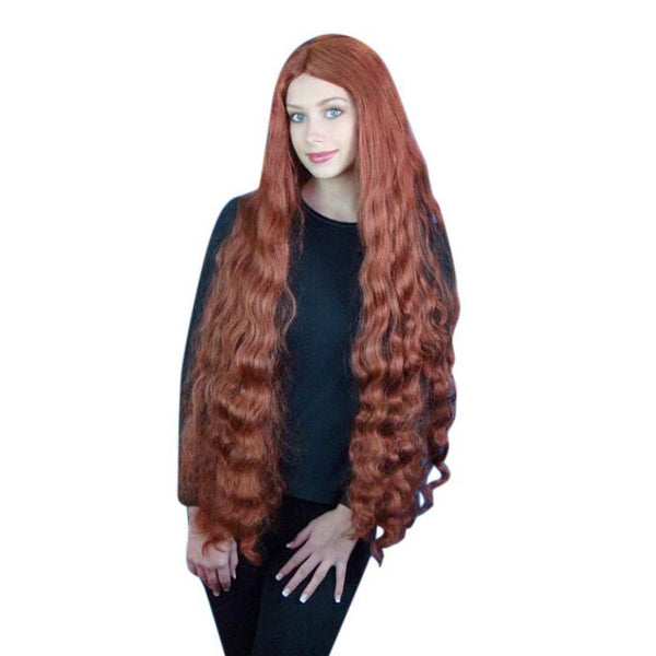 Long red mermaid wig without fringe, waist length.