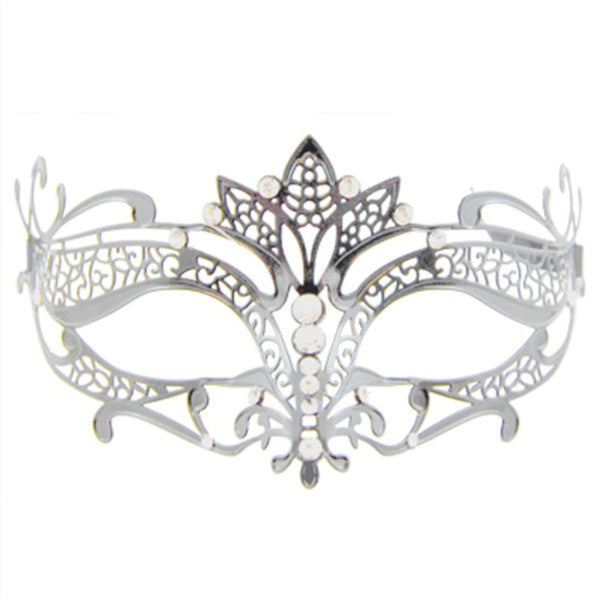 Silver metal masquerade mask with clear diamantes – elegant face accessory for adults.
