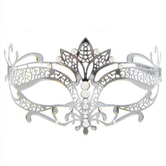 Silver metal masquerade mask with clear diamantes – elegant face accessory for adults.