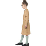 Side view of miss trunchbull child costume with leg warmers and eyebrowss.