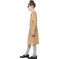 Child wearing a beige Miss Trunchbull costume with dress, leg warmers and character eyebrow for Book Week
