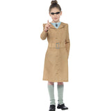Child wearing a beige Miss Trunchbull costume with dress, leg warmers and character eyebrow for Book Week