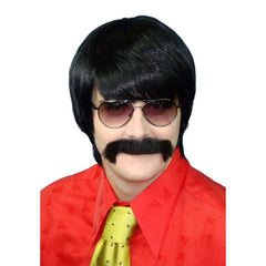 70s mod guy wig in black short with sweeping fringe.