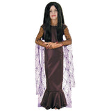 morticia addams girls halloween costume with lace sleeves.