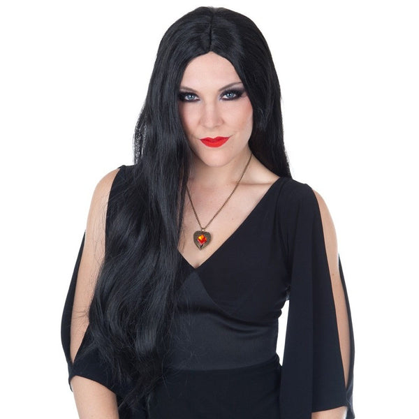 Extra-long black wig with centre part for costume wear