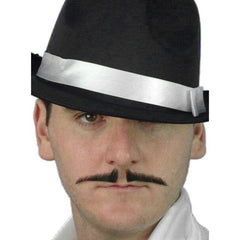 moustache in black pencil thin made from human hair, attach with double sided tape.