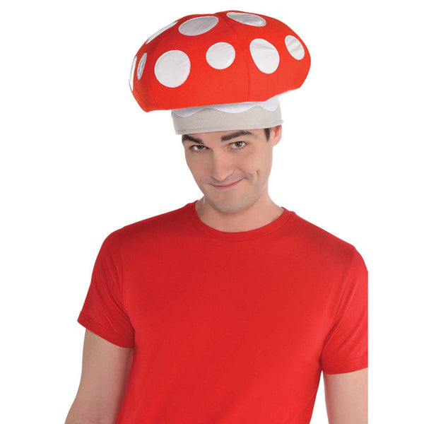 mushroom hat in red and white.