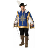 Musketeer Costume – Hire featuring gold-trimmed tunic, feathered hat, gloves and sword for costume hire in Brisbane