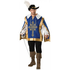 Musketeer costume with gold-trimmed tunic, hat, gloves and sword for hire in Brisbane