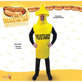Mustard bottle adult costume with "mustard" print on chest.
