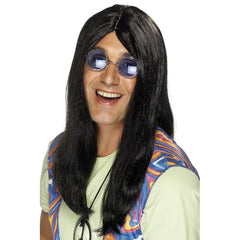 Neil Black Hippy Wig with long straight black hair and side parting for 60s costumes