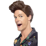 Nineties detective brown wig with side part and large gelled fringe.