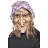 old witch mask with hair around the face and check scarf.