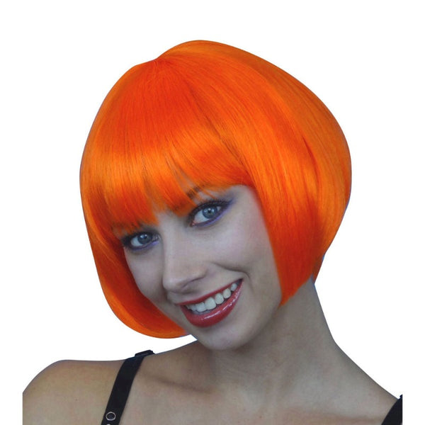Short orange bob wig with fringe, deluxe quality synthetic fibre, perfect for cosplay, parties, and Halloween costumes.