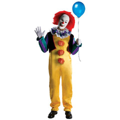 Pennywise Deluxe Clown Costume, yellow jumpsuit with attached vest and neck frill plus mask with hair.


