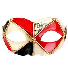 Pietro Venetian eyemask in red, black, and cream with gold embossing and musical notes – Harlequin masquerade mask