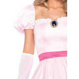 Close up of neckline, brooch and puffy sleeves