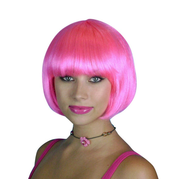 Hot pink short bob wig, chin length.