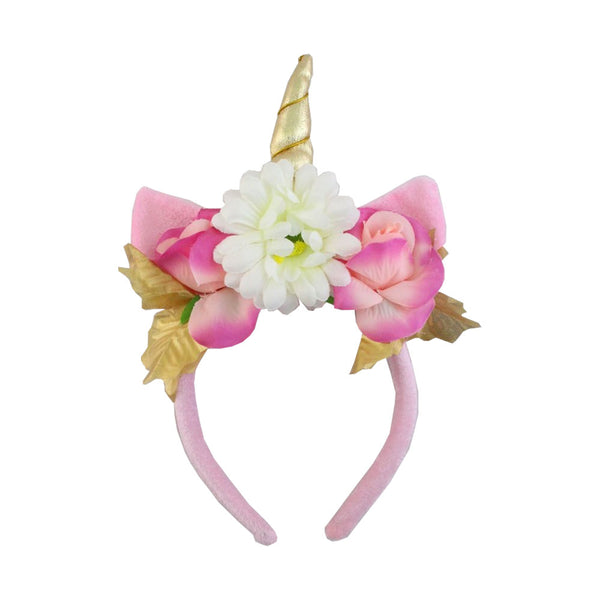 Pink Unicorn Headband with Flowers & Gold Horn