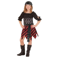 Pirate girls costume, striped skirt with jagged hemline, puffy sleeves with slit, lace boddice and head scarf.