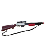 A plastic toy gun with a maroon and black color scheme, displayed on a white background