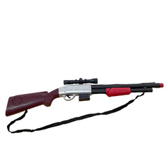 A plastic toy gun with a maroon and black color scheme, displayed on a white background