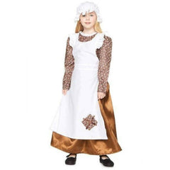 Poor girl colonial costume with floral dress, brown skirt, apron and bonnet – child Book Week outfit
